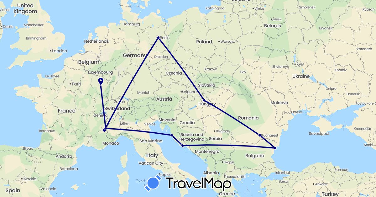 TravelMap itinerary: driving in Bulgaria, Germany, France, Croatia, Hungary, Italy, Romania (Europe)